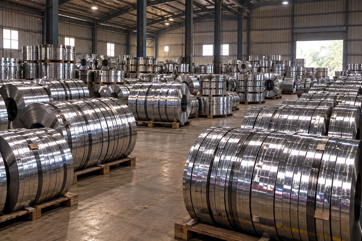 Bundled galvanised steel stock staged across the warehouse floor